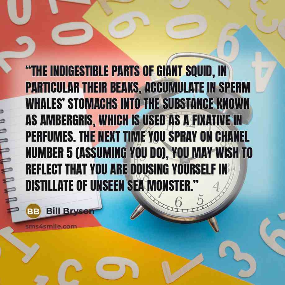 “The indigestible parts of giant squid, in particular their beaks, accumulate in sperm whales’ stomachs into the substance known as ambergris, which is used as a fixative in perfumes. The next time you spray on Chanel Number 5 (assuming you do), you may wish to reflect that you are dousing yourself…” quote by Bill Bryson