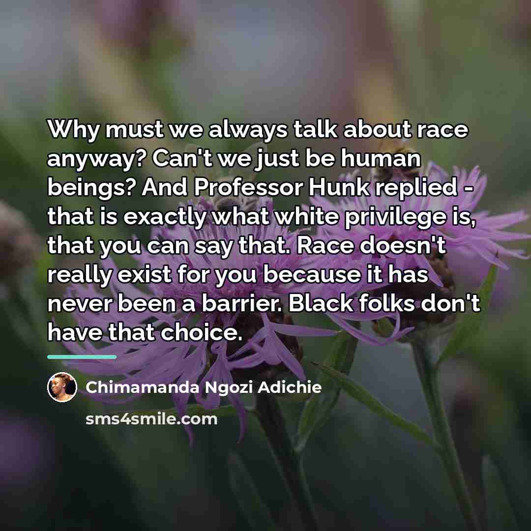 “Why must we always talk about race anyway? Can't we…” quote by Chimamanda Ngozi Adichie