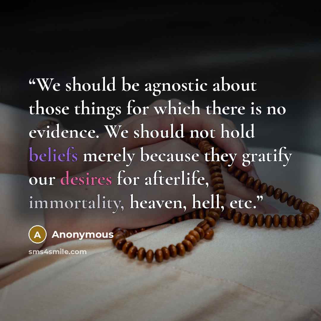 “We should be agnostic about those things for which there is no evidence. We should not hold beliefs merely because they gratify our desires for afterlife, immortality, heaven, hell, etc.” quote by Anonymous