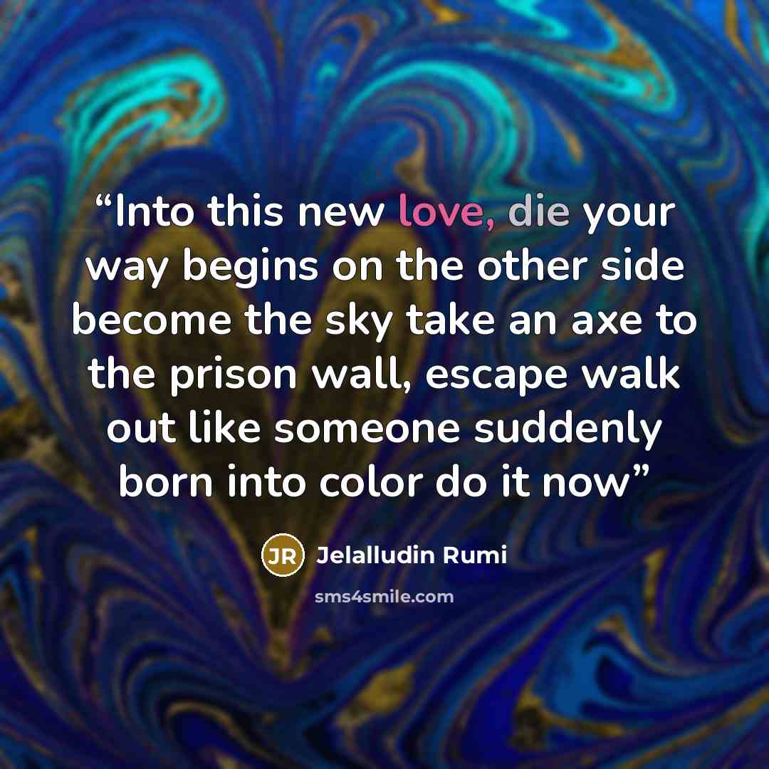“Into this new love, die your way begins on the other side become the sky take an axe to the prison wall, escape walk out like someone suddenly born into color do it now” quote by Jelalludin Rumi